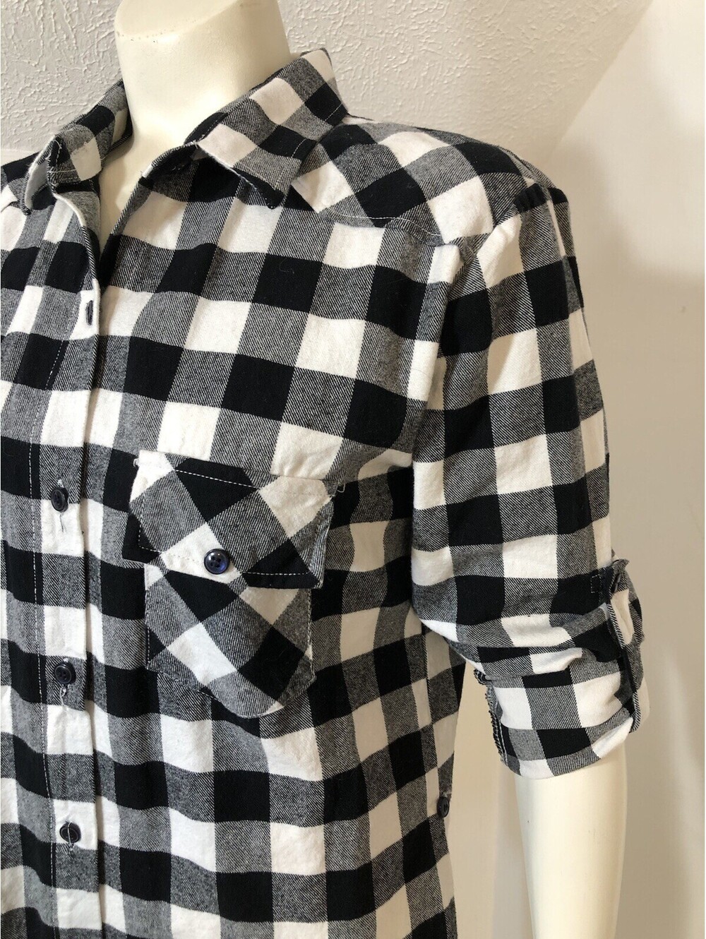 Matchstick Womens Medium Flannel Shirt Black White Buffalo Check Roll Tab Sleeve - Picture 8 of 9